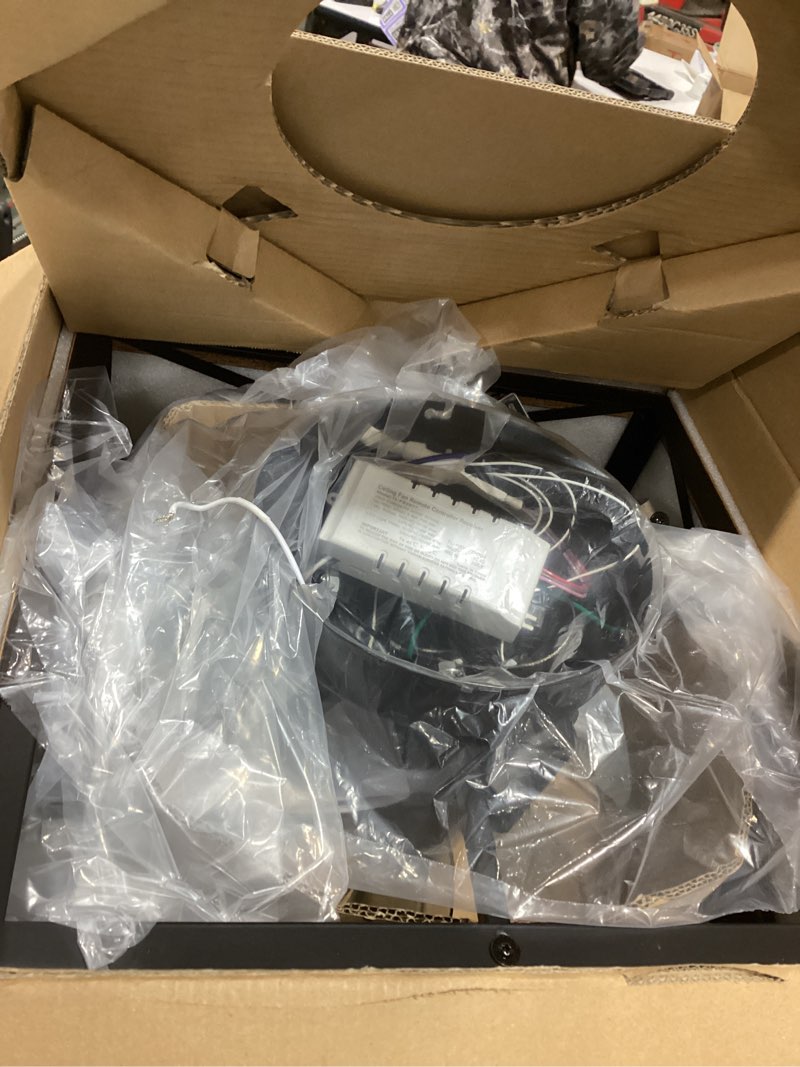 Condition photo showing Good Condition for LEDIARY Caged Low Profile Ceiling Fans with Lights and Remote, Rustic Square Flush Mount Ceiling Fan, 6 Speed and Reversible, Small Farmhouse Bladeless Ceiling Fan for Bedroom, Kitchen, Dining Room Wood Grain 16 Inch