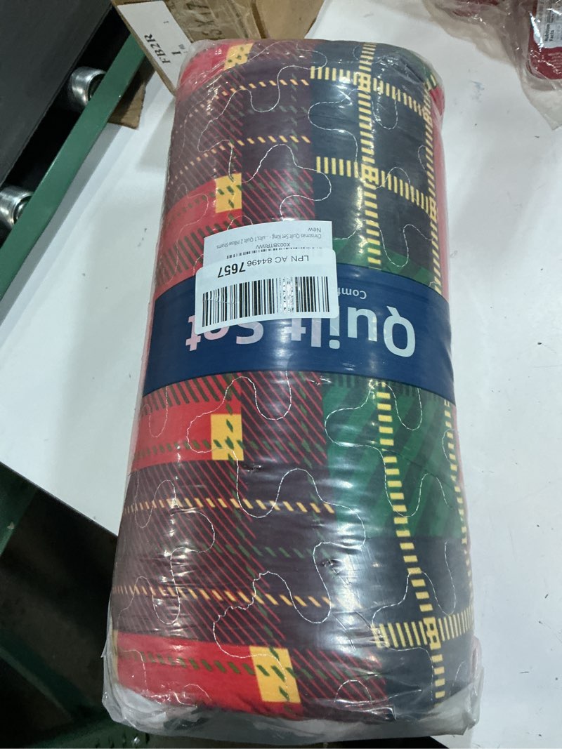 Condition photo showing New/Like New for menghomeus christmas quilt set king reversible bedspread coverlet red green plaid patchwork quilt set xmas tree elk holiday bedding set, 3 pieces 1 quilt 2 pillow shams king(104" x 90") beige red