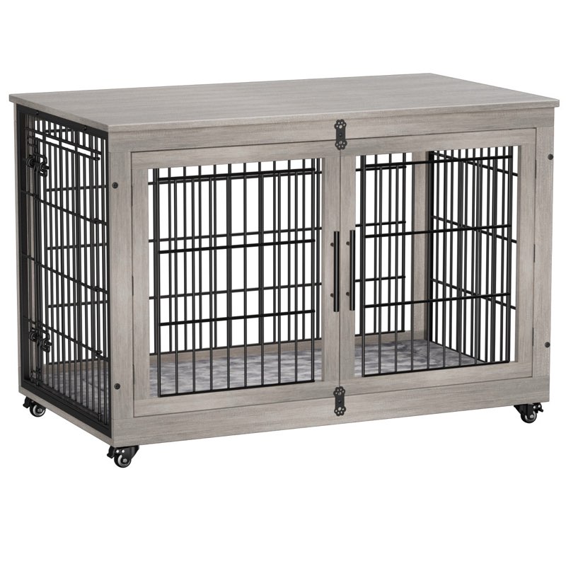 *similar to stock photo*Dyako Dog Crate Furniture, Side End Table, Mordern Kennel, Wooden Heavy-duty Dog Cage, Dog House, Indoor End Table, Night Stand, w/Cushion and Wheels, Double-door, 3mm-5mm(dia) Iron Fence