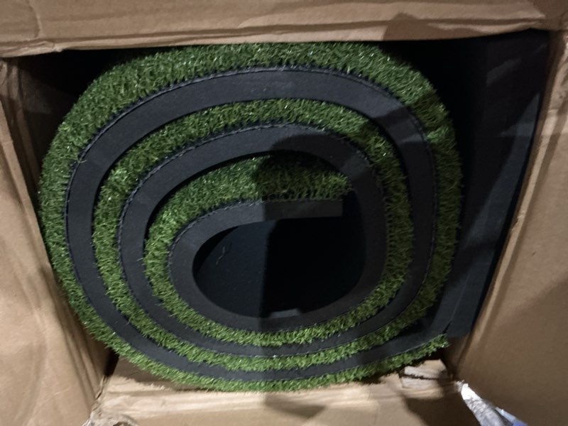 Condition photo showing As Is for golf hitting mat with ball tray, 5x4 / 6x4 ft, 26mm / 31mm thick, pro & elite turf with swing path line, premium golf practice mat for indoor & outdoor swing, chipping, training 5×4 ft elite turf – 26mm / line