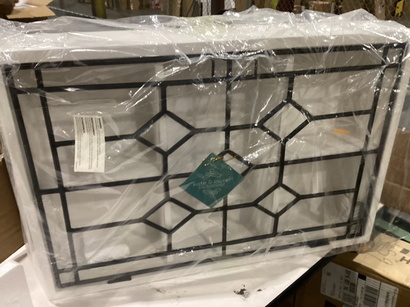 Condition photo showing New/Like New for kate and laurel megara decorative wooden wall hanging curio cabinet for open storage with decorative black iron door, whitewash finish 16x24 white/black