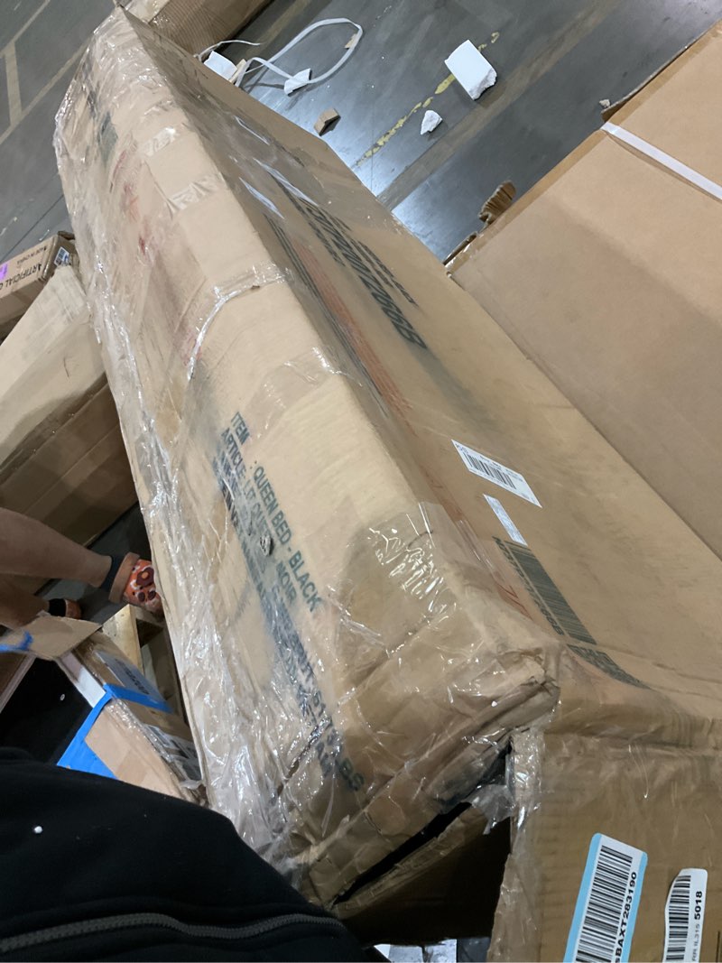 Condition photo showing As Is for incomplete merax modern tufted plattform bed with headboard, queen pu leather floor day bed frame, no box spring needed black