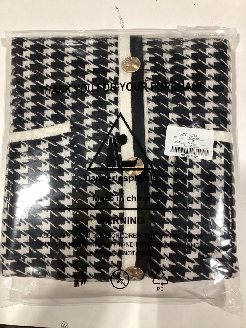 Condition photo showing Good Condition for Women's Houndstooth Knit Cardigan Sweater V-Neck Button-Down Jacket with Pockets Small Black