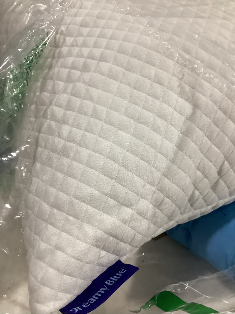 Condition photo showing New/Like New for dreamyblue signature pillow w/adjustable loft • shredded memory foam fill • neutral alignment for side, back, and stomach sleepers • washable bamboo rayon cover • certipur-us certified foam (queen) queen (pack of 1)