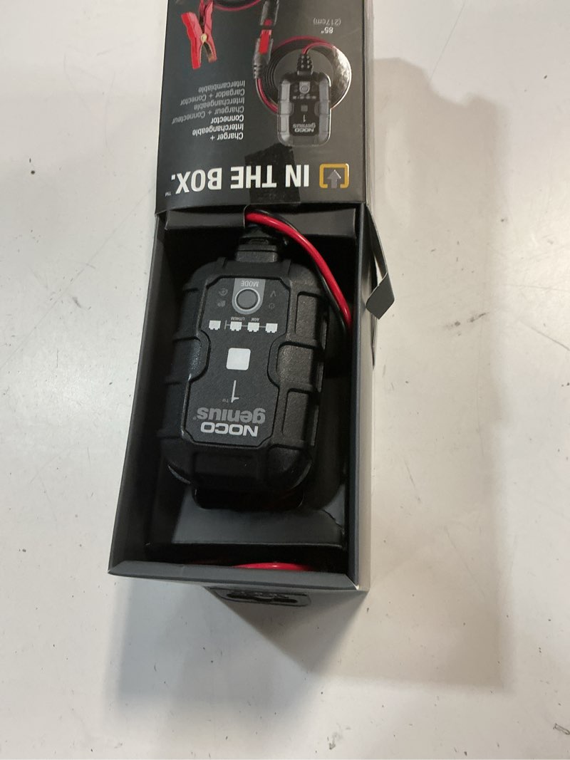 Condition photo showing As Is for noco genius1: 1a 6v/12v smart battery charger – automatic maintainer, trickle charger & desulfator with overcharge protection & temperature compensation – for lead-acid & lithium batteries