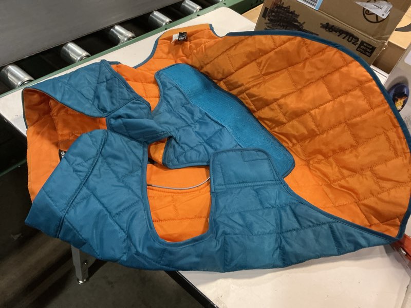 Condition photo showing As Is for Kurgo Loft Dog Jacket - Reversible Fleece Winter Coat - Cold Weather Protection - Wear With Harness Or Additional Layers - Reflective Accents, Leash Access, Water Resistant - Coastal Blue/Orange, XL Extra Large Coastal Blue/Orange