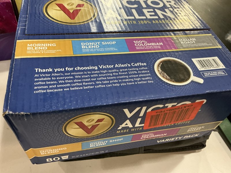 Condition photo showing New/Like New for Victor Allen's Coffee Variety Pack (Morning Blend, 100% Colombian, Donut Shop Blend, and Italian Roast), 80 Count, Single Serve Coffee Pods for Keurig K-Cup Brewers (BEST BY 12/23/2027)