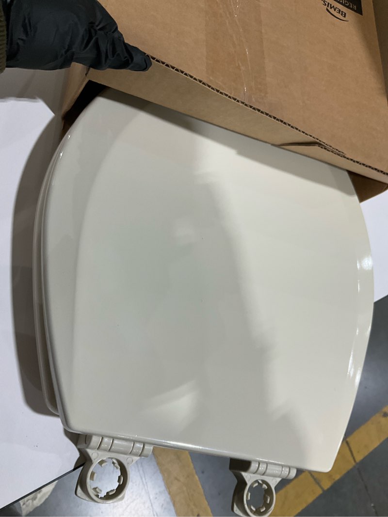 Condition photo showing As Is for bemis 500ec durable wood toilet seat with easy clean hinges, made in usa, round, bone bone round