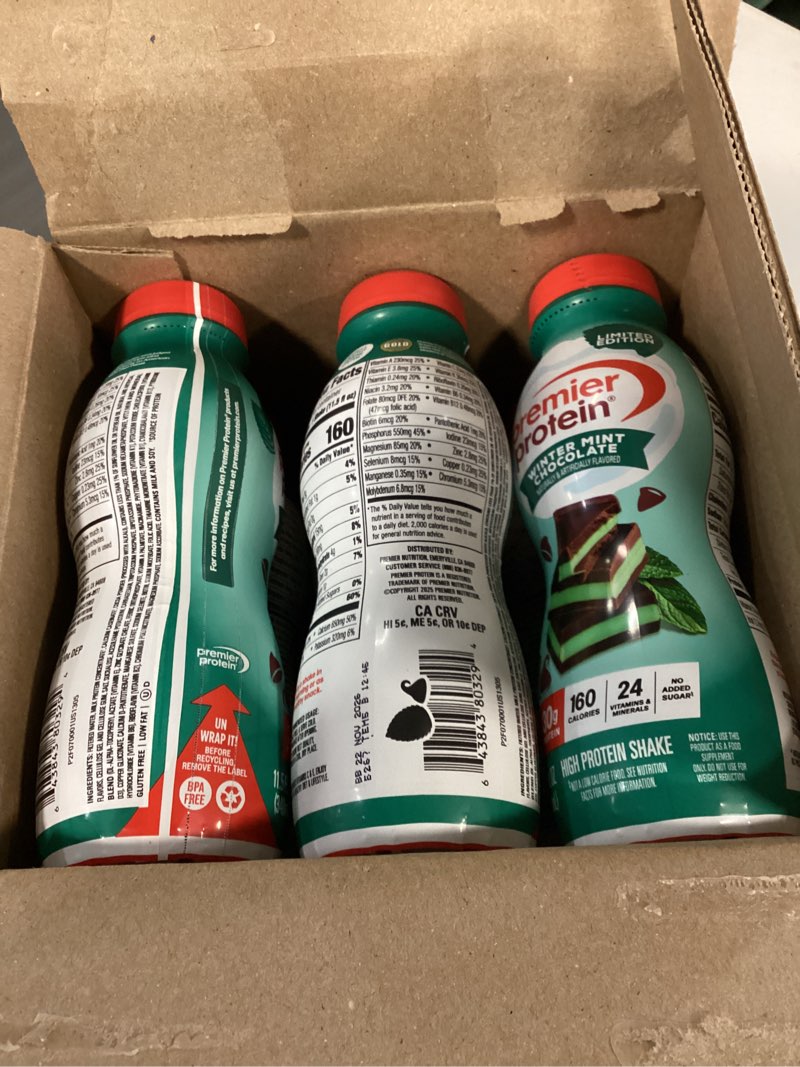 Condition photo showing New/Like New for (BBD.22/11/2026) Premier Protein Shake, Limited Edition, Winter Mint Chocolate, 30g Protein, No Added Sugar, 24 Vitamins & Minerals to Support Immune Health, 11.5 fl oz, 12 Pack Limited Edition: Winter Mint Chocolate 11.5 Fl Oz (Pack of 12)