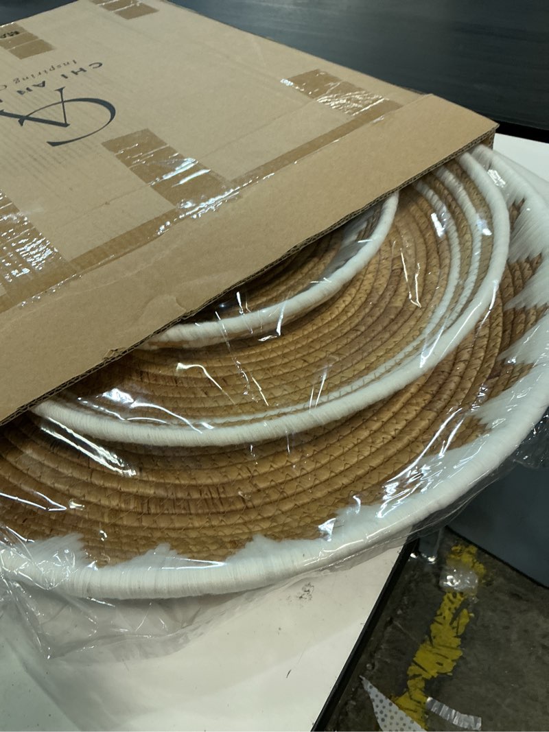 Condition photo showing New/Like New for chi an home 22", 19", 15" extra large hanging woven wall baskets, water hyacinth hanging wicker baskets for wall decor, boho wall decor rustic, oversized wall art for living room, bedroom set of 3 (white)