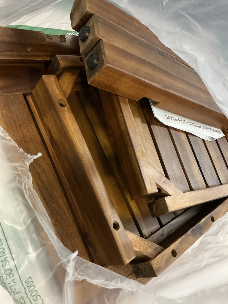 Condition photo showing As Is for Teak Shower Bench, 20" Solid Wood Shower Stool Waterproof Shower Seat with Storage Shelf for Bathroom, Indoor & Outdoor Use Rectangular