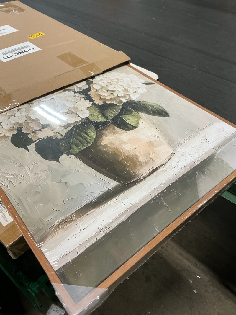 Condition photo showing New/Like New for insimsea framed canvas wall art vintage decor, hydrangea floral pictures bathroom wall decor aesthetic, living room bedroom flower home retro decorations, 16x24inch blooming hydrangeas 24"l x 16"w