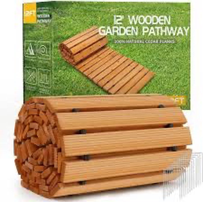 RELIANCER 12' Wooden Garden Pathway,Outdoor Roll Out Cedar Straight Walkway,Patio Path Decorative Ga