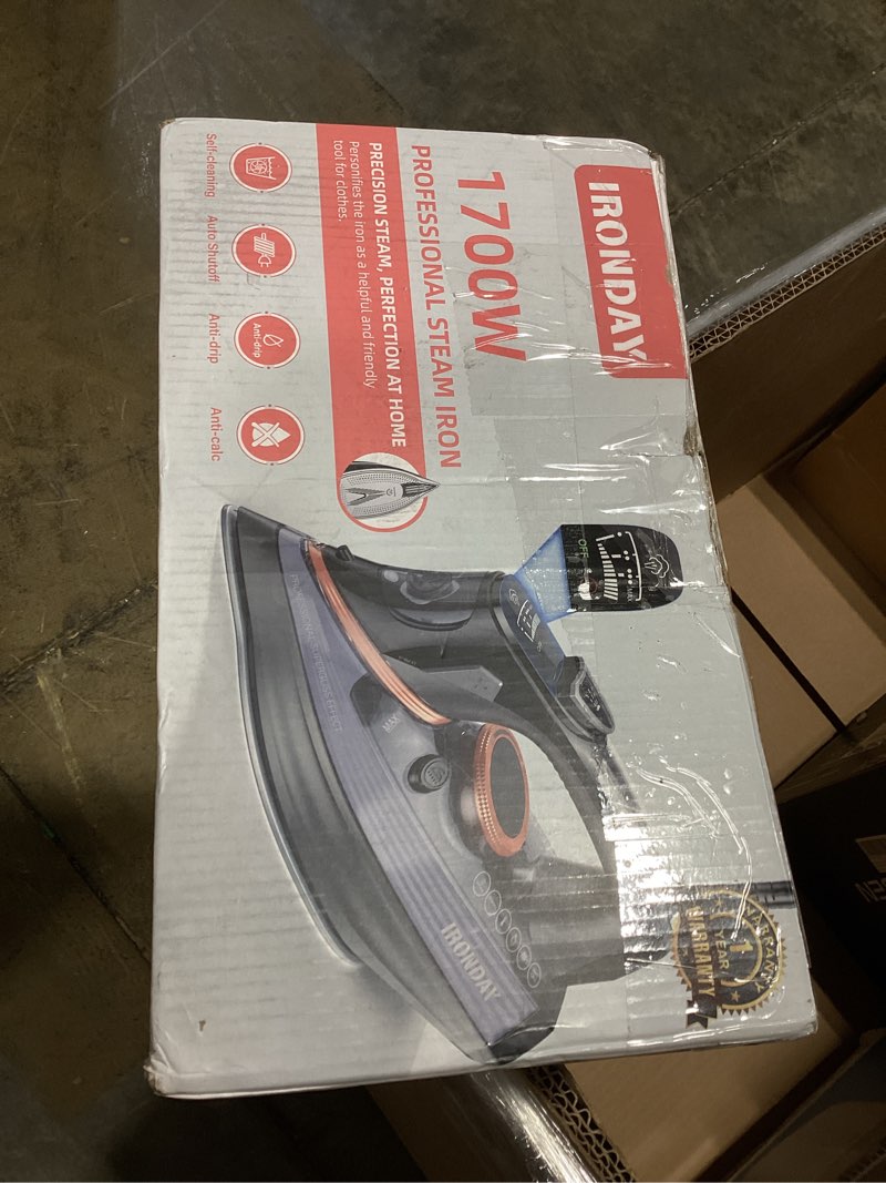 Condition photo showing As Is for ironday steam iron for clothes with lcd screen, 1700w iron non-stick ceramic soleplate, auto shutoff, self-cleaning, anti-drip, steam burst, spray mist 10.14oz water tank ironing clothes for home,grey