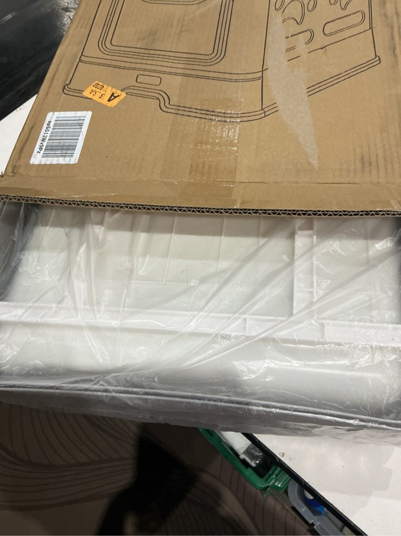 Condition photo showing As Is for cat litter box with litter mat and scoop, large foldable litter box with lid, front entry top exit kitty box, odor control, easy to clean (grey)