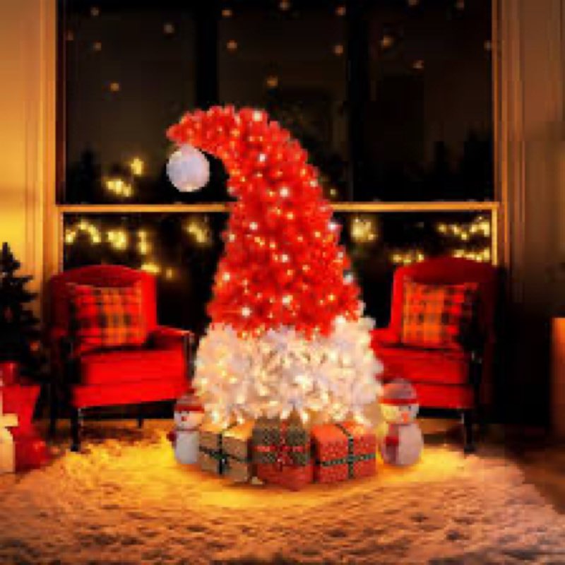 Daifunli 6ft Christmas Tree with Bendable Santa Hat, Prelit Red and White Christmas Tree Artificial 