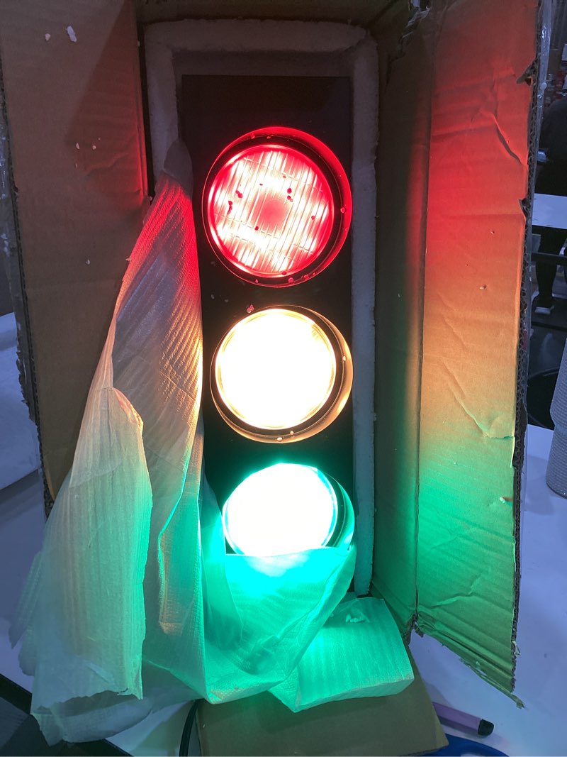 Condition photo showing Good Condition for homier traffic light wall lamp, retro style traffic led lamp with remote control, fun room traffic stop light decor for children's day, classroom, kids bedroom, living room, club, bar, pub 1-side 3-light
