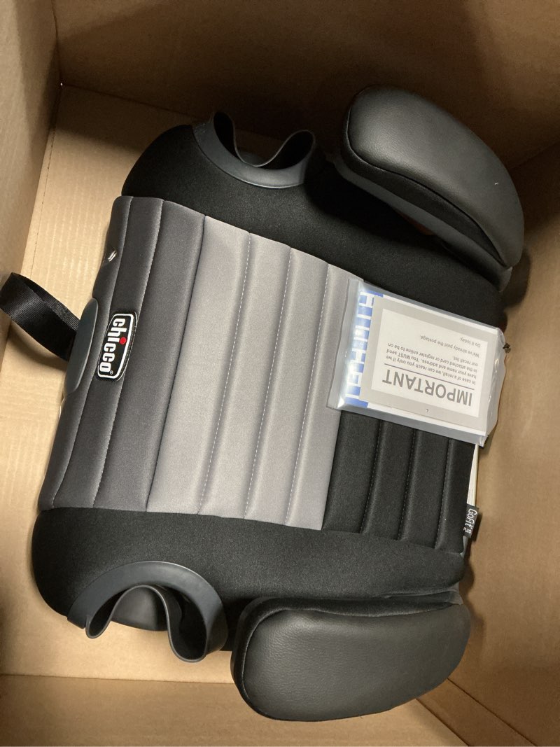 Condition photo showing New/Like New for chicco gofit cleartex plus backless booster car seat, latch attachment, quick-release latch removal, portable car booster seat for children at least 4 years old and 40-110 lbs, obsidian/black gofit cleartex plus obsidian/black