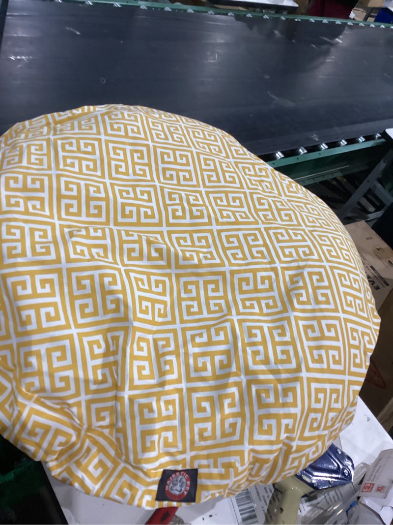 Condition photo showing Good Condition for similar not exact      majestic pet 32 inch chevron sherpa calming dog bed washable – cozy soft round dog bed with spine for head support - fluffy donut dog bed 32x23x7 (inch) – round pet bed medium - yellow 32-inch yellow