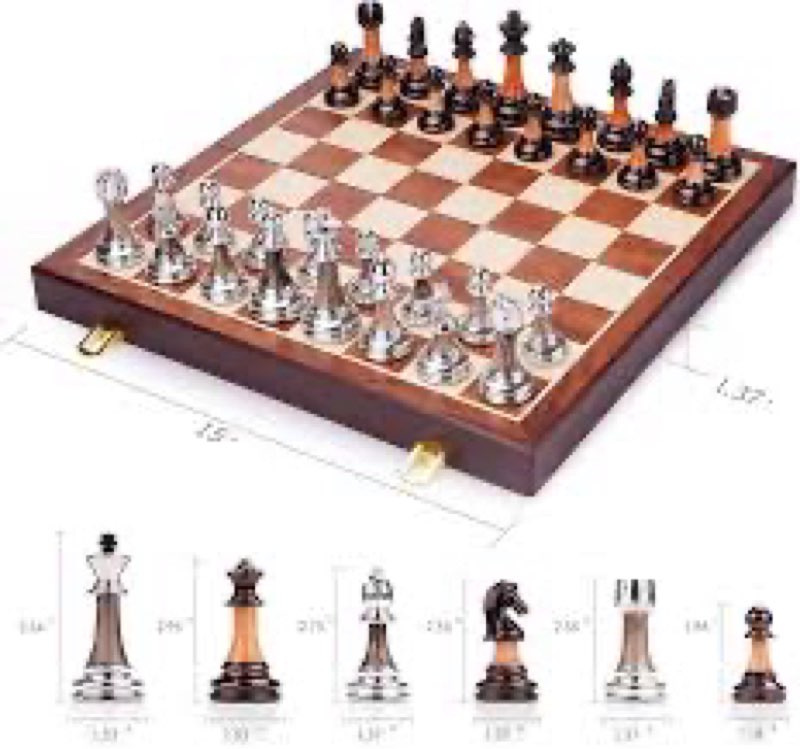15-inch large chess set for adults and kids – weighted zinc alloy & acrylic chess pieces with wooden