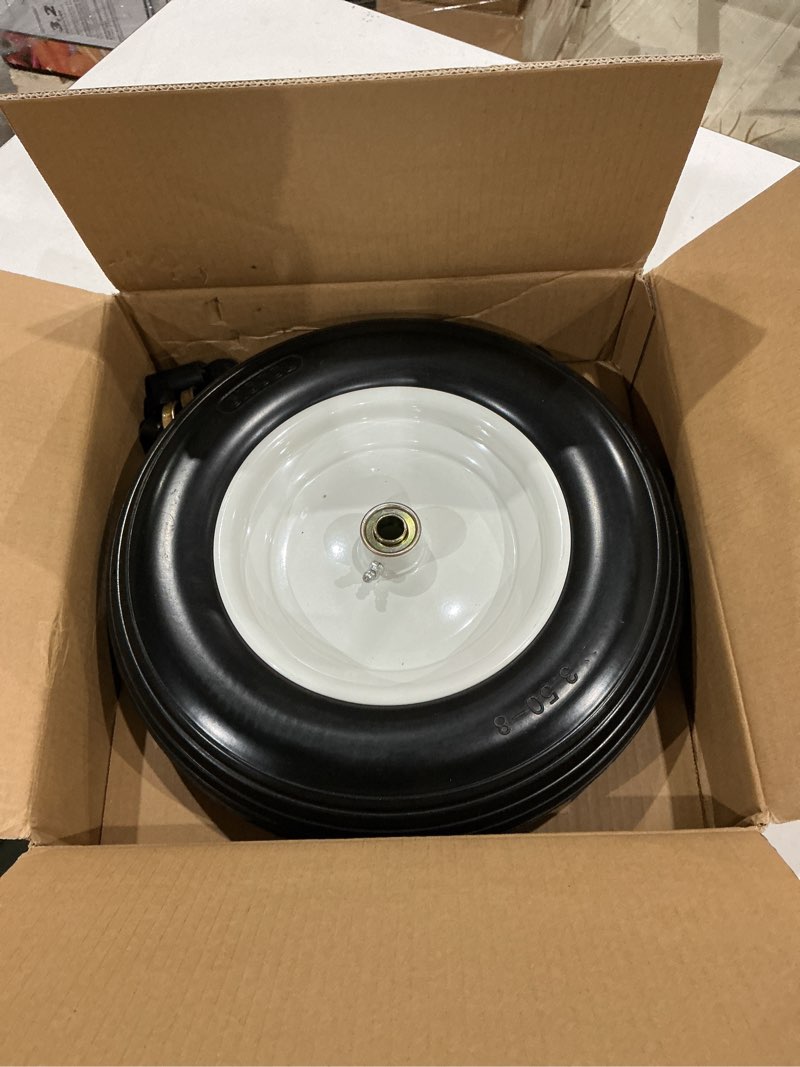 Condition photo showing Good Condition for 14.5" wheelbarrow flat free tire, fits 4.80/4.00-8, 3.50/2.50-8, 4.00-6, 4.00-8, wheelbarrow wheels, 5/8" bearing with extra 3/4" bearing, 3" -6" centered hub