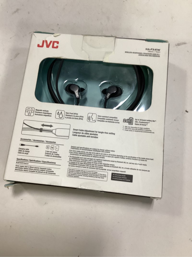 Condition photo showing New/Like New for JVC Air Cushion Wireless Earbuds Headphones, Bluetooth 5.0, Water Resistant IPX4, Long Life Battery (up to 24 Hours), 3-Button Remote with mic - HAFX41WB, Black, Medium Black Medium Neckband