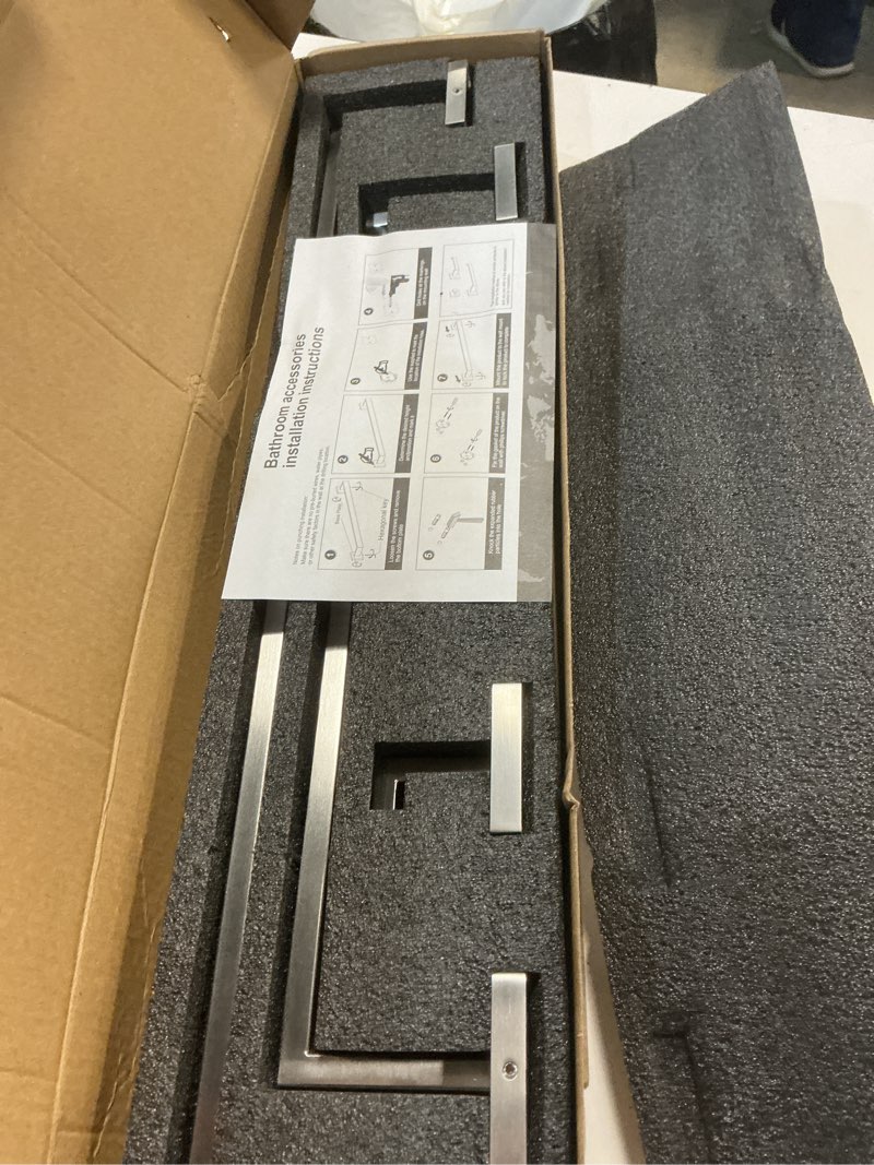 Condition photo showing New/Like New for 5-piece brushed nickel bathroom hardware set, wall mounted thickened 304 stainless steel towel holder set, featuring 23.6" towel bar, hand towel rack, toilet paper holder, and 2 towel hooks