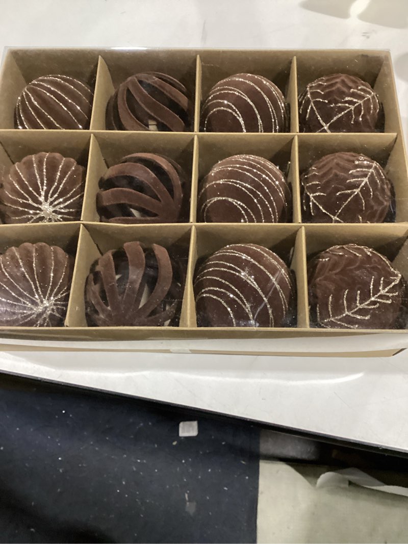 Condition photo showing As Is for 3.15INCH Brown Velvet Ornaments for Christmas Tree, 12PCS Glitter Flocked Christmas Ornaments Decorations Balls Set Decor B Brown 3.15inch-12pcs