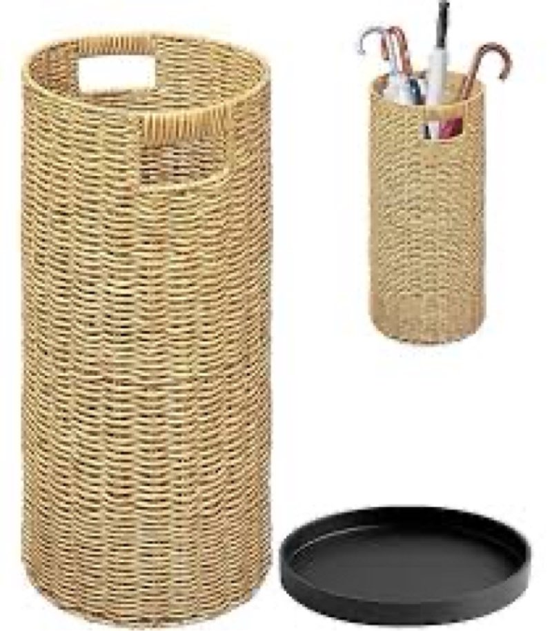 Verssure Rattan Umbrella Holder 20.8" H X 10" D,Handmade Wicker Umbrella Stand Indoor with Dip Tray,