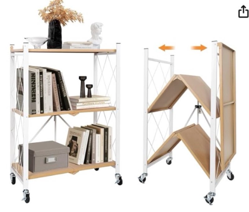 3 tier folding shelf with wheels, metal steel collapsible shelves, folding bookshelf no assembly, portable folding storage shelves, rolling standing utility rack for kitchen, office, bedroom, natural