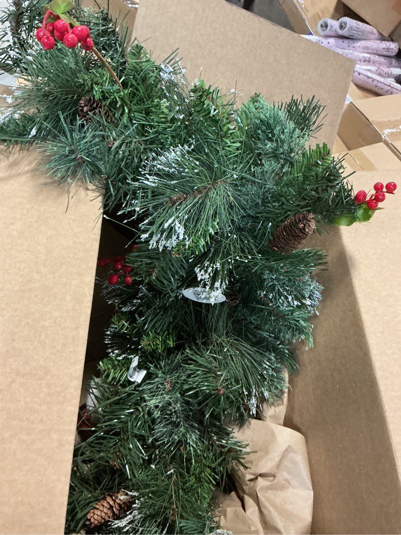 Condition photo showing As Is for National Tree Wintry Pine Mailbox Swag with Red Berries/Cones/Snowflakes and 15 Soft White LED Light