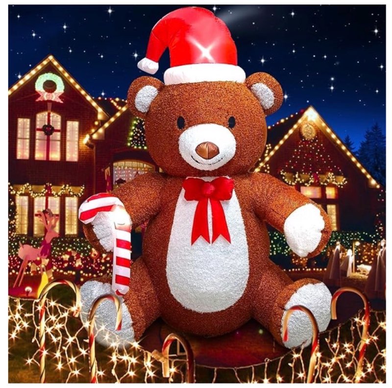 kalolary fluffy bear inflatable with led light, christmas blow up indoor decoration, xmas teddy yard inflatable for holiday family party lawn decor