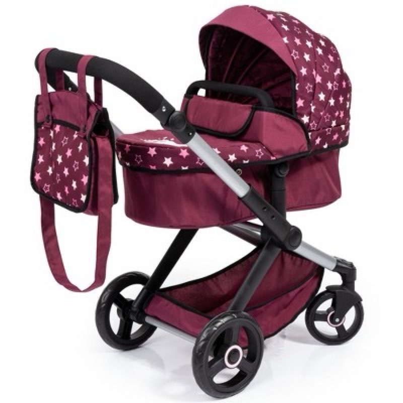 Bayer: Pram Xeo - Burgundy, White Stars, Unicorn - Dolls Up to 18", Shoulder Bag, Convertible to Pus