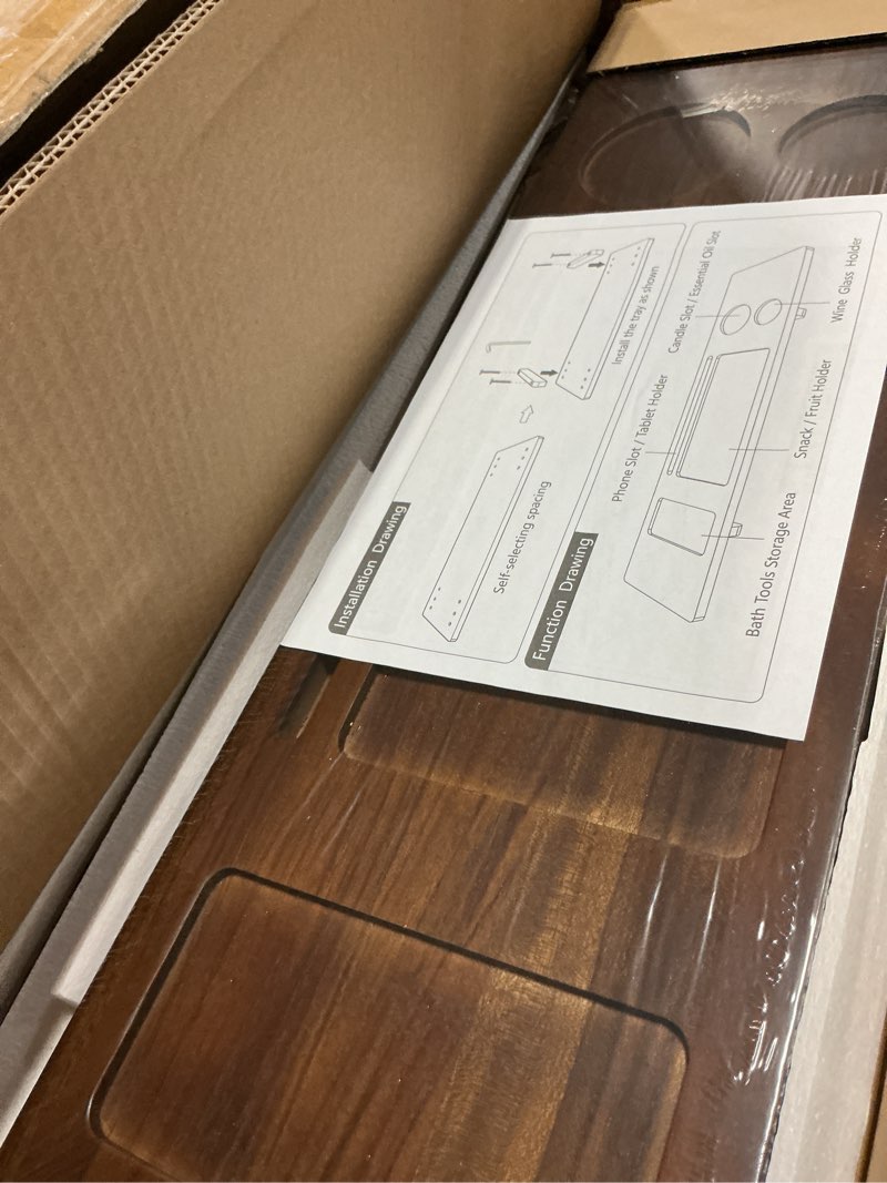 Condition photo showing As Is for teak bathtub tray - wood bath caddy tray 29" for small tubs - adjustable bathtub table trays - luxury shower organizer for home spa relaxation and reading - dark walnut color dark walnut-a 29" x 9" x 2"