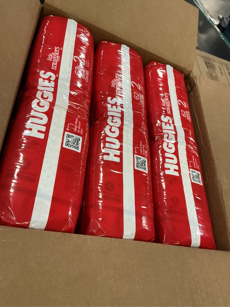Condition photo showing New/Like New for huggies size 2 diapers, little snugglers baby diapers, size 2 (12-18 lbs), 186 count (3 packs of 62), packaging may vary