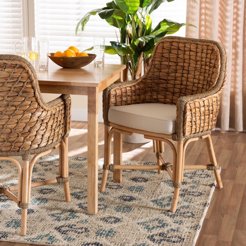 Kyle Modern Bohemian Woven Rattan Dining Arm Chair with Cushion