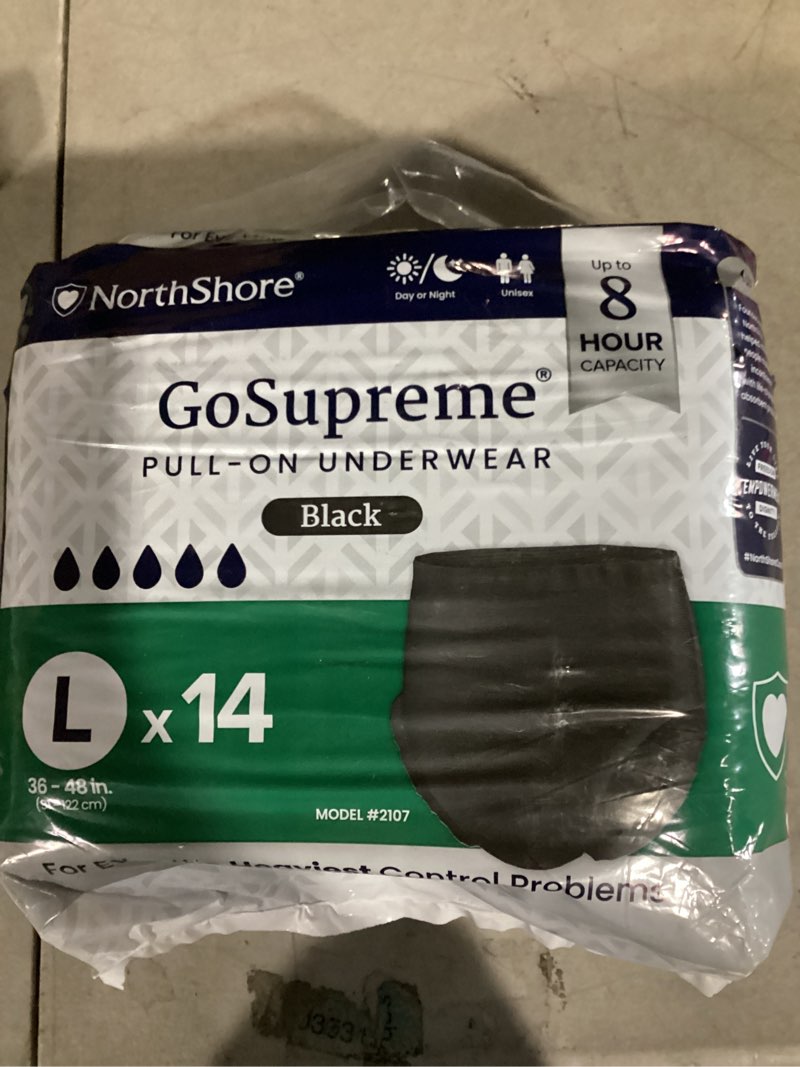 Condition photo showing New/Like New for northshore gosupreme overnight pull-on underwear, 8-hour leak protection, large, 14-count bag, black, (36-48 in waist), unisex adult diapers large (14 count) black