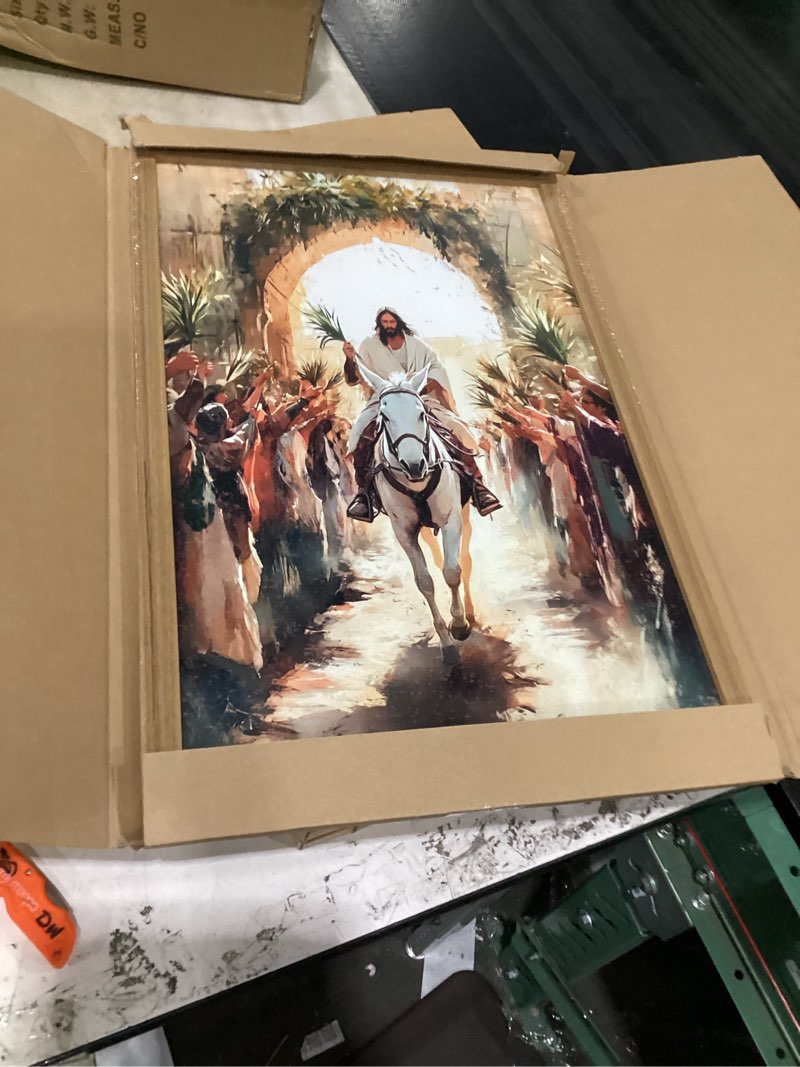 Condition photo showing New/Like New for jesus triumph wall art spiritual jesus palm sunday wall decor painting christian triumphal religious artwork 3d textured hand drawn sandstone for bedroom living prayer room 16x24 inch wood framed 24"l x 16"w jesus triumphal