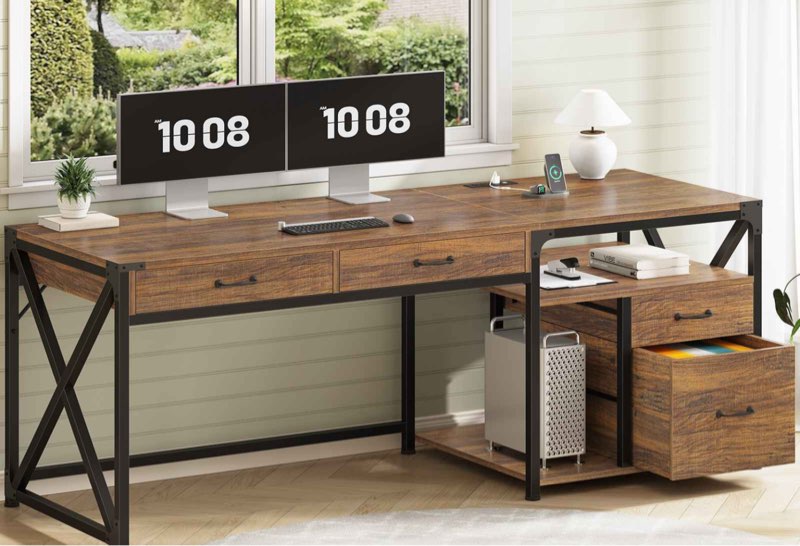 SEDETA 63 Inch Office Desk Computer Desk with File Drawers and Power Outlet