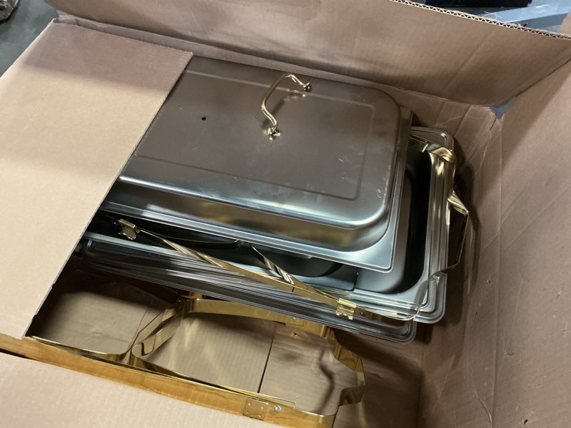Condition photo showing As Is for GarveeHome Chafing Dish Buffet Set, 8QT 2 Pack, Rectangle Chafing Dishes for Buffet w/Lid Holder, Stainless Steel Chafer Food Warmers Servers for Kitchen Party Banquet Dining, Gold Gold 2 Pack