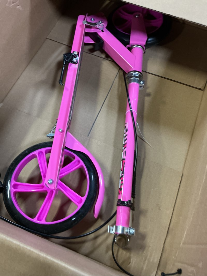 Condition photo showing As Is for kick scooter for ages 6+, for kids, teens, and adults, max load 240 lbs, foldable, 8-inch big wheels for kids and adults, with kickstand, 3 adjustable levels, child safety approved, pink