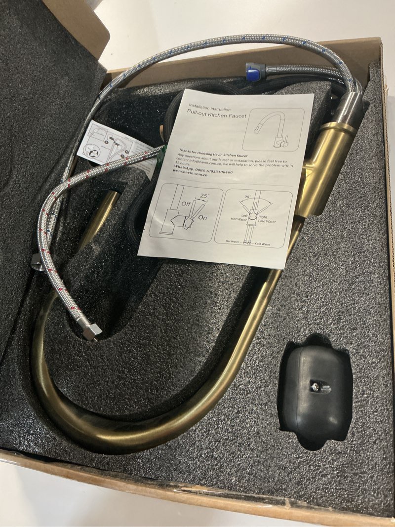 Condition photo showing As Is for Havin Gold Kitchen Faucet with Pull Down Sprayer, High Arc Stainless Steel Material, with cUPC Ceramic Cartridge,Without Deck Plate,Fit for 1 Hole Kitchen Sink or Laundry Sink,Brushed Gold,HV501G Brushed Gold Style A HV501G