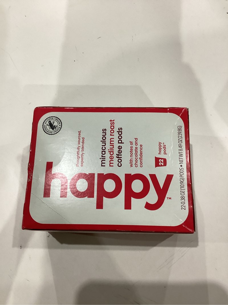 Condition photo showing As Is for happy coffee medium roast coffee pods, 22 count, notes of chocolate & confidence, compatible with most K-cup brewers, rainforest alliance certified Medium Roast 1 Count (Pack of 22)