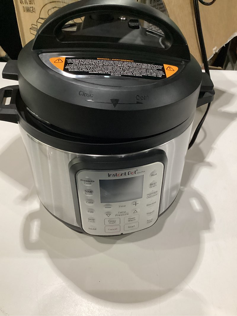 Condition photo showing As Is for instant pot duo plus 9-in-1 electric pressure cooker, slow cooker, rice cooker, steamer, sauté, yogurt maker, warmer & sterilizer, includes app with over 800 recipes, stainless steel, 3 quart 3 quarts, not tested