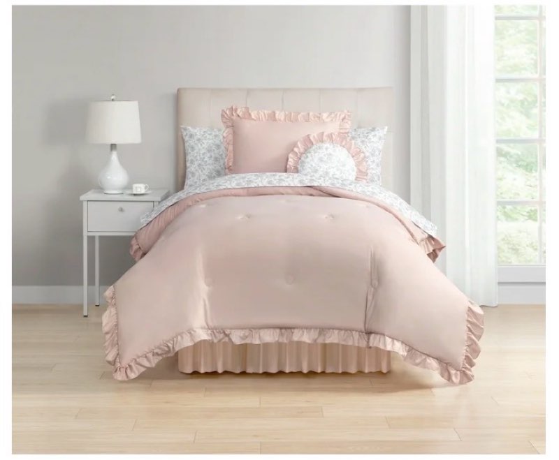 mainstays all in one reversible comforter and sheet set- 8 piece, twin, pink and grey ruffle