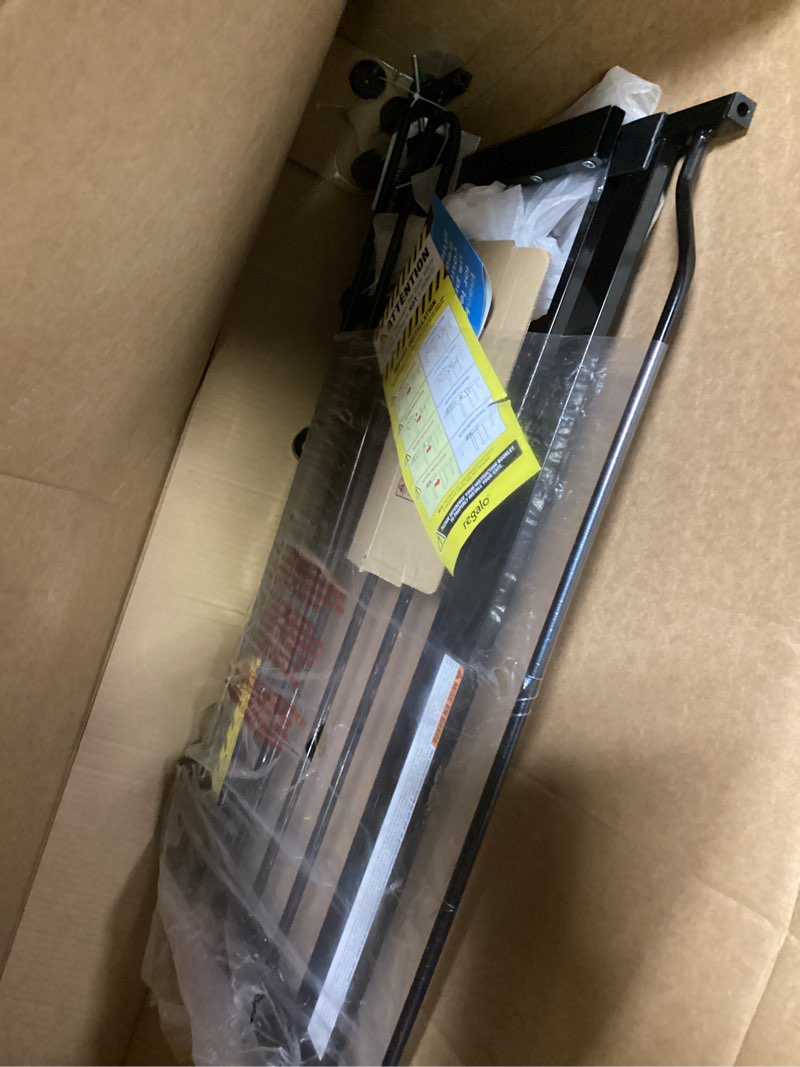 Condition photo showing As Is for regalo safety 29-38.5" baby gate for doorways & bottom of stairs, pressure mounted baby gate with door for babies, toddlers & pets, tested & safe for 30 years, american designed, american owned, black black 29-38.5"w x 30"h