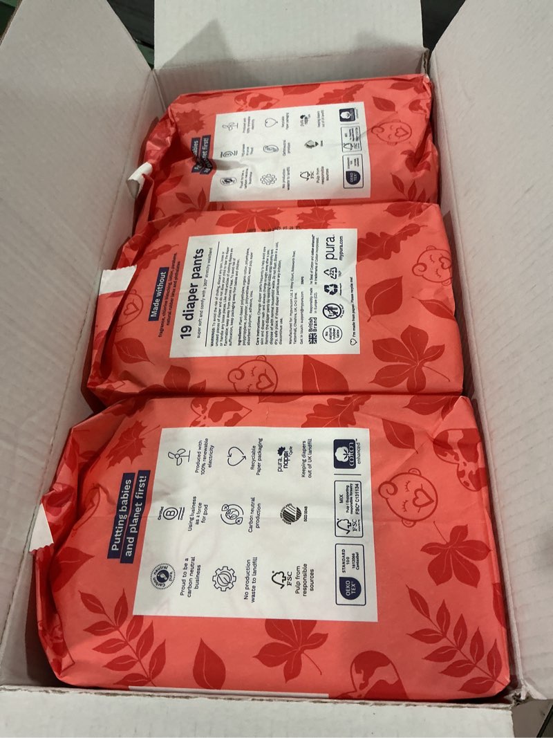 Condition photo showing New/Like New for Pura Hypoallergenic Diaper Pants Size 5 (27-38 lbs) Overnight, up to 12 Hours Leak Protection, Suitable for Sensitive Skin, Totally Chlorine Free, Soft Organic Cotton, 3 packs of 19 (57 Pull Up Pants) Size 5 (57 Diaper Pants)