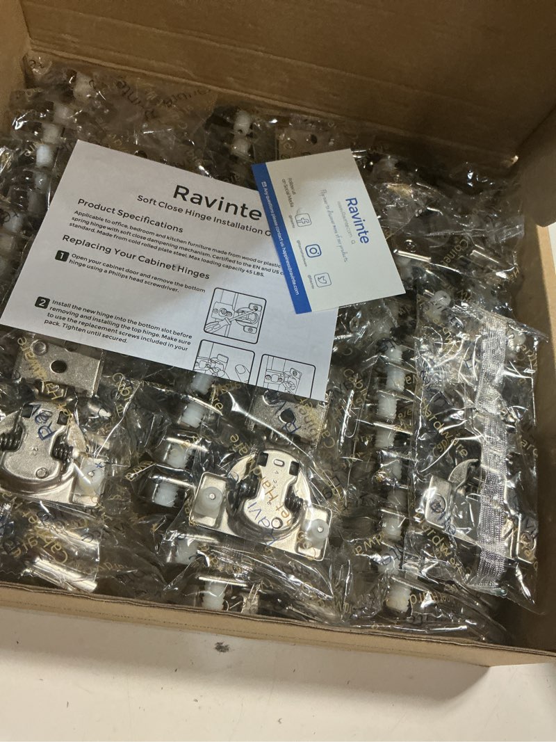 Condition photo showing New/Like New for ravinte 60 pack (30 pairs) 1/2 inch overlay soft close hinges for kitchen cabinets - satin nickel hidden concealed hinge, stainless steel, self closing 60 1/2 inch overlay
