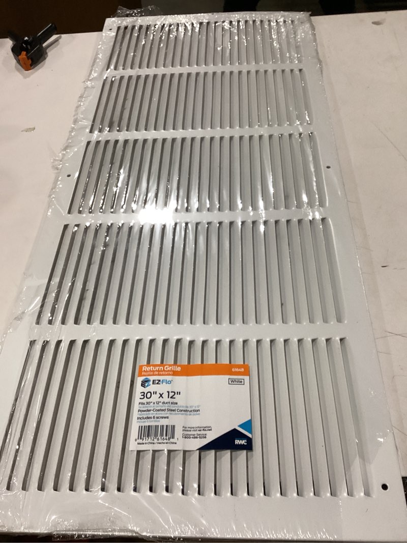 Condition photo showing As Is for EZ-FLO 30 x 12 Inch (Duct Opening) Return Air Vent Cover for Wall or Ceiling, Solid Steel Return Air Grille, HVAC Vent Cover, White, 61648 12" x 30" x 1" Grille