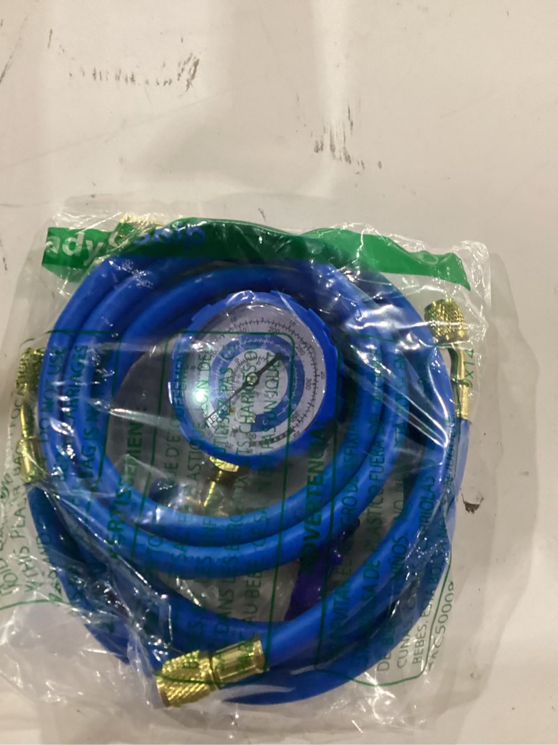 Condition photo showing Good Condition for r410a recharge kit ac charging hose, r410a manifold gauge set with r410a mini split adapter 1/4 x 5/16, r134a tank adapter 1/4 sae x 1/2, low pressure manifold gauge hose 59’’